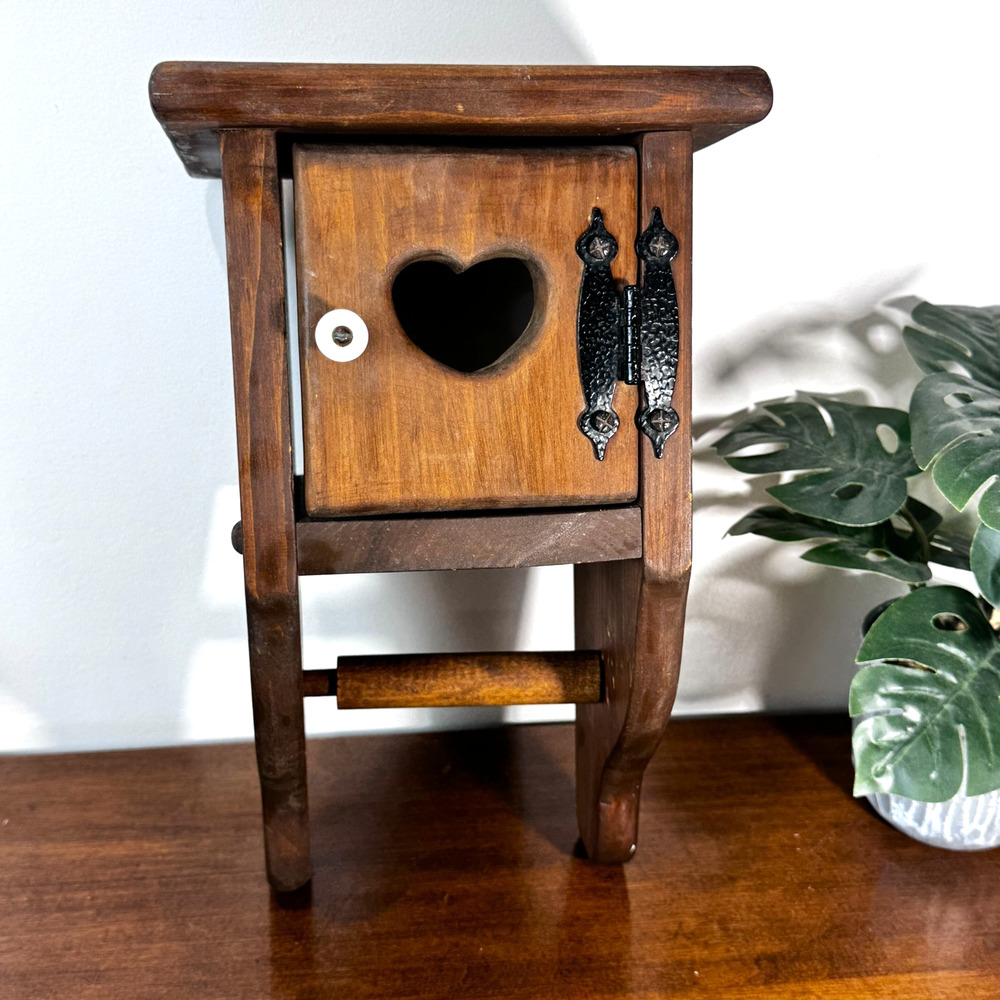 Vintage Rustic Wood Wall Toilet Paper Holder Cabinet Country Farmhouse Wooden